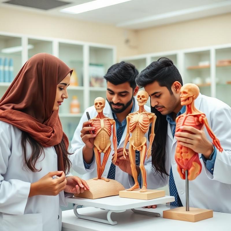Premedical students with anatomical models